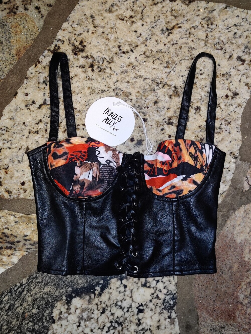 Princess Polly Patton Top Black Multicolor Faux Leather Corset Size 2